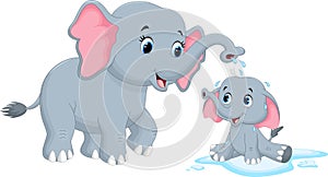 Cartoon mother elephants bathing her child