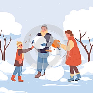 Cartoon mother, father and child play in house yard, boy holding tree branch to make snowman with parents together