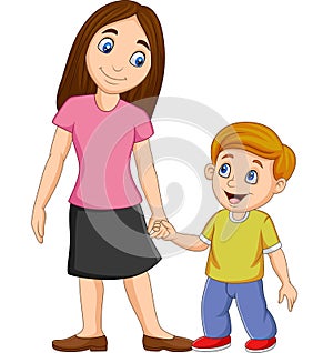 Cartoon mother holding her son`s hand