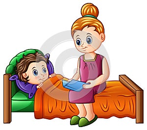 Cartoon mother reading bedtime story to her son before sleeping