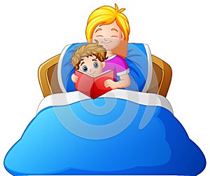 Cartoon mother reading bedtime story to son on bed