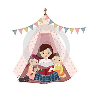 Cartoon of a mother reading book and telling story with son and daughter in the teepee tent