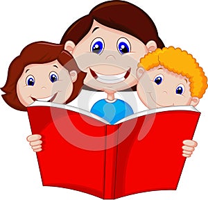 Cartoon Mother reading book to her children
