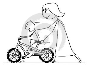 Cartoon of Mother and Son Learning to Ride a Bike or Bicycle