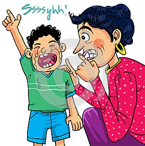 Cartoon the mother trying persuade with her crying boy.