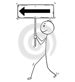 Cartoon of Motivated Businessman Walking Forward and Holding Arrow Sign