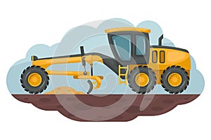 Cartoon of motor grader leveling the ground. Heavy machinery used in the construction and mining industry