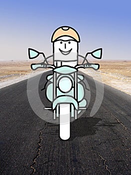 Cartoon motorbike rider facing us, alone on a desert road photo
