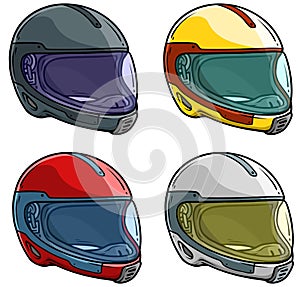 Cartoon motorcycle racing helmet vector icon set