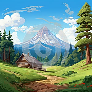 Cartoon Mountain Cabin In A Scenic Landscape photo