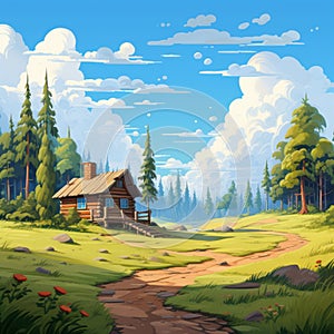 Cartoon Mountain Cabin In A Serene Landscape