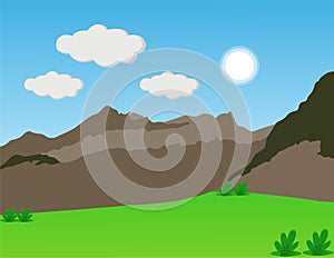 Cartoon mountain landscape with blue sky, sun and Clouds, green field. Meadows Grassland 2d cartoon Scene vector