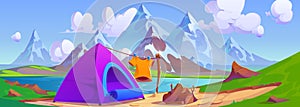 Cartoon mountain landscape with camp near lake