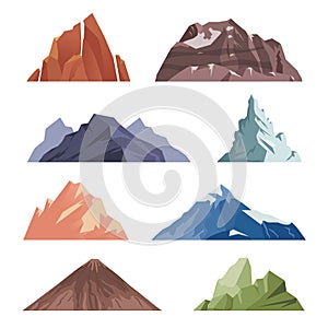 Cartoon Mountain. outdoor rocks landscape for extreme climbing expeditions. vector different mountains isolated on white