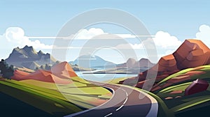 Cartoon mountain road landscape with nature, sky, and lake. Illustration of an asphalt highway in a rocky valley with a panoramic