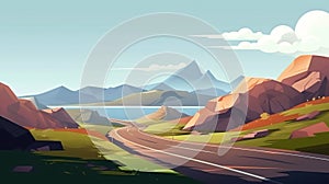 Cartoon mountain road landscape with nature, sky, and lake. Illustration of an asphalt highway in a rocky valley with a panoramic