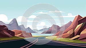 Cartoon mountain road landscape with nature, sky, and lake. Illustration of an asphalt highway in a rocky valley with a panoramic