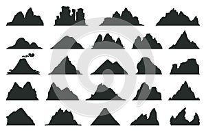 Cartoon mountains silhouettes, black outdoor landscape elements. Nature rocks, expedition or hiking mountain peaks mountain peak