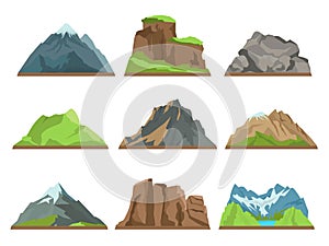 Cartoon mountains silhouettes. Rocky ridges, different hills types, snowy peaks, natural terrains, outdoor landscapes