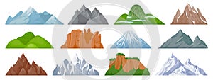 Cartoon mountains. Snowy mountain peak, hill, iceberg, rocky mount and climbing cliff. Landscape and tourist hiking map