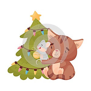 Cartoon mouse and cat decorate the Christmas tree. Vector illustration on white background.