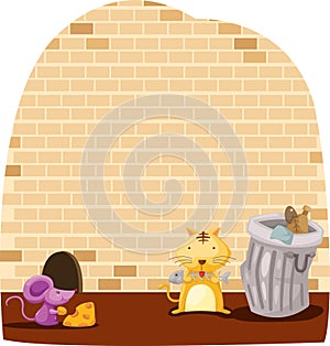 Cartoon mouse and cat eating