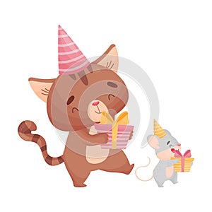 Cartoon mouse and cat with gifts. Vector illustration on white background.