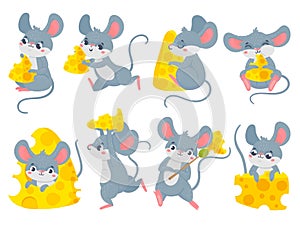 Cartoon mouse with cheese. Cute little mouses, funny mouse mascot and mice steal cheese vector set