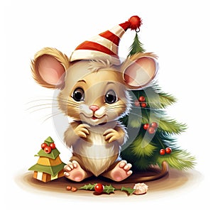 A cartoon mouse with a christmas tree in the background.