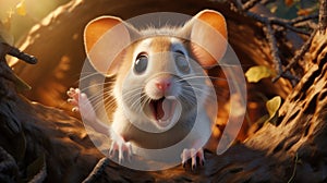 Hyper-realistic Cartoon Mouse In A Bush Maya Animation With Lively Facial Expressions photo
