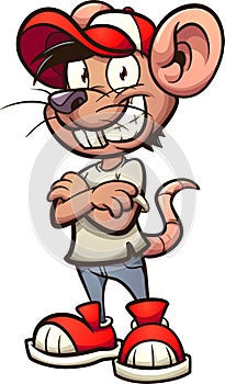 Cartoon mouse with crossed arm and red baseball cap