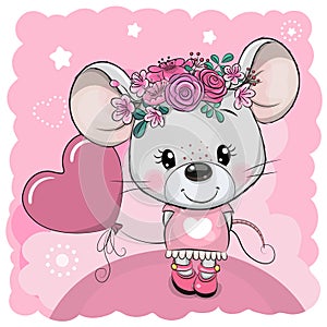 Cartoon Mouse with flowers and balloon on a pink background
