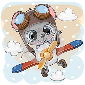 Cartoon Mouse is flying on a plane