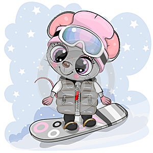 Cartoon Mouse Girl on a snowboard on a blue background