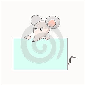 Cartoon mouse holding a poster, banner with place for text.