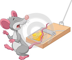 Cartoon mouse in a mousetrap isolated on white background