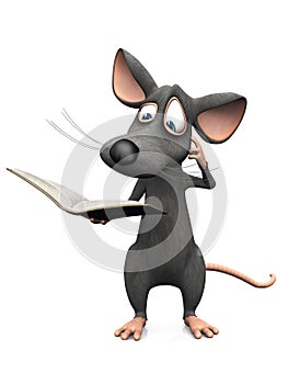 Cartoon mouse reading book and looking confused.