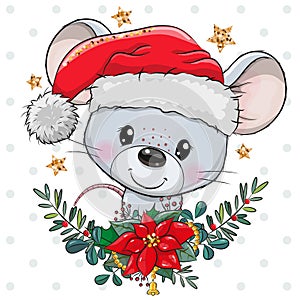 Cartoon mouse in Santa hat with christmas wreath