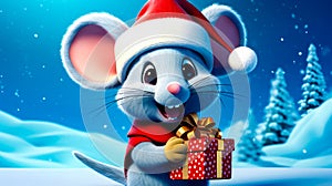 Cartoon mouse with santa hat holding gift box in the snow. Generative AI