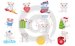 Cartoon mouse set. Cute rats in different poses. Big collection of funny rodent animal for 2020 chinese new year design