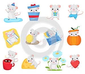Cartoon mouse set. Cute rats in different poses. Big collection of funny rodent animal for 2020 chinese new year greetings
