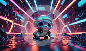 A cartoon mouse is shown in a neon environment.