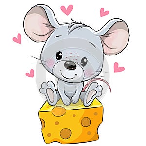 Cartoon Mouse is sitting on a cheese on a white background