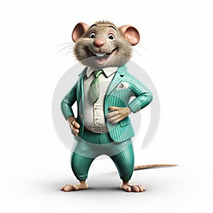 Anthropomorphic Rat In Blue Suit: Photorealistic Cartoonish Caricature photo