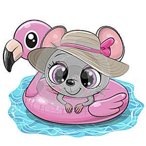 Cartoon Mouse in swimming on pool ring inflatable flamingo