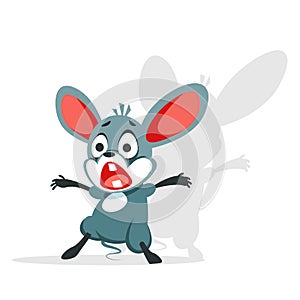 The cartoon mouse is terrified. The little rat shuddered and screamed in fright. Vector illustration of a character
