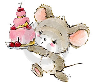 Cartoon mouse watercolor illustration. cute mice.