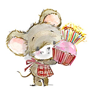 Cartoon mouse watercolor illustration. cute mice.