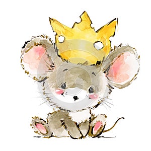 Cartoon mouse watercolor illustration. cute mice.