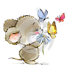 Cartoon mouse watercolor illustration. cute mice. photo